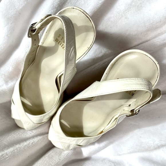 Stuart Weitzman white patent leather sling back peep toe with cork heel size 8 - Picture 12 of 15